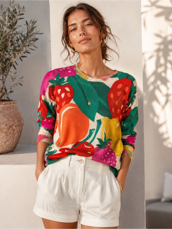 Boden Sweaters - Boden Lydia Cashmere Jumper Bright Fruit-Print Sweater Pink, Green & Orange Sz M